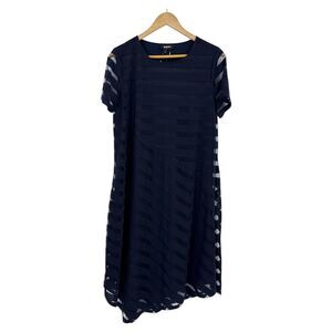 DKNY Navy Blue Dress size M Short Sleeve Shift Dress striped shear overlay NEW